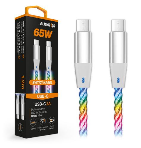Datový kabel ALIGATOR POWER 3A 65W, USB-C/USB-C, 1,2m svítící_1