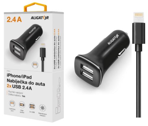 Nabíječka do auta ALIGATOR pro iPh 5/6/7/8 s 2xUSB výstupem 2,4A, Turbo charge, černá_1