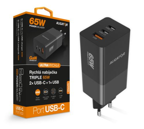 Chytrá síťová nabíječka ALIGATOR GaN, Power Delivery 65W, 2xUSB-C, 1xUSB-A, černá_1