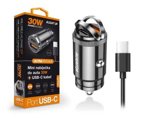 Chytrá nabíječka do auta ALIGATOR Power Delivery 30W, USB-C + USB-A, + kabel USB-C/USB-C
