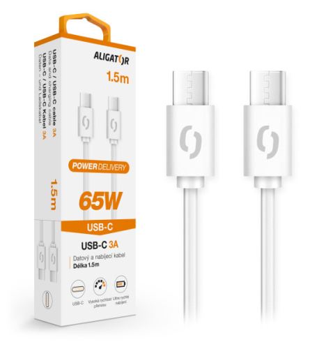 Datový kabel ALIGATOR POWER 65W, USB-C/USB-C 3A 1,5m, bílý_1