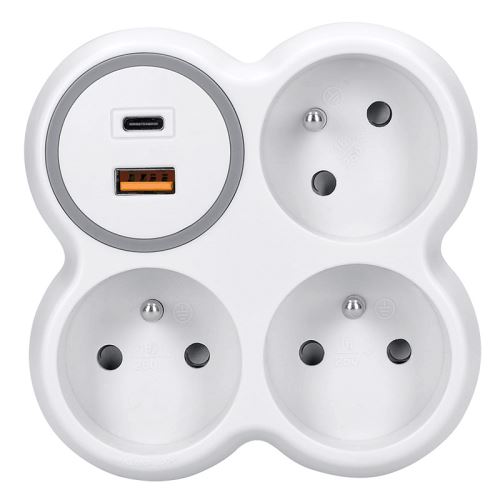 Solight rozbočka, 3x 16A, USB A+C rychlonabíječka 20W PD, bílá-šedá - P106C-PD20_1