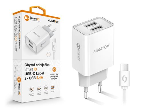 Chytrá síťová nabíječka ALIGATOR 2.4A, 2xUSB, smart IC, bílá, USB-C kabel 2A_1