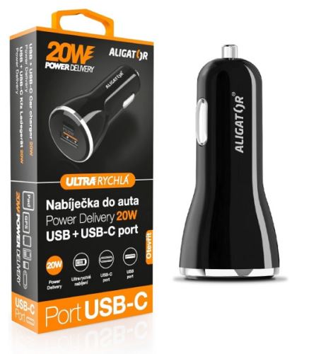 Chytrá nabíječka do auta ALIGATOR Power Delivery 20W, USB-C + USB-A_1