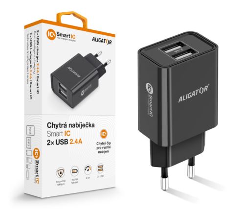Chytrá síťová nabíječka ALIGATOR 2.4A, 2xUSB, smart IC, černá_1