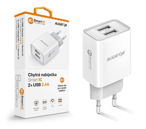 Chytrá síťová nabíječka ALIGATOR 2.4A, 2xUSB, smart IC, bílá_1