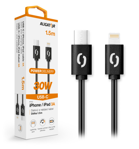 Datový kabel ALIGATOR POWER 30W, USB-C/Lightning 3A 1,5m, černý