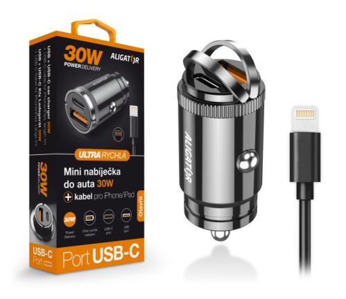 Chytrá nabíječka do auta ALIGATOR Power Delivery 30W, USB-C + USB-A, + kabel USB-C/Light