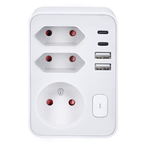 Solight rozbočka 1x 16A + 2x 2,5A, 2xUSB A+C rychlonabíječka 20W PD, bílá, vypínač - P10