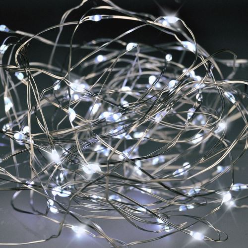 Solight vánoční řetěz stříbrný, 100x mini LED, 10m, 3 x AA, studené světlo - 1V54-W_1