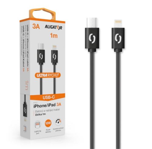 Datový kabel ALIGATOR POWER 3A, USB-C/Lightning, 1m, černý_1