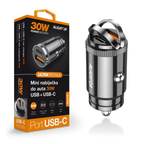 Chytrá nabíječka do auta ALIGATOR Power Delivery 30W, USB-C + USB-A_1