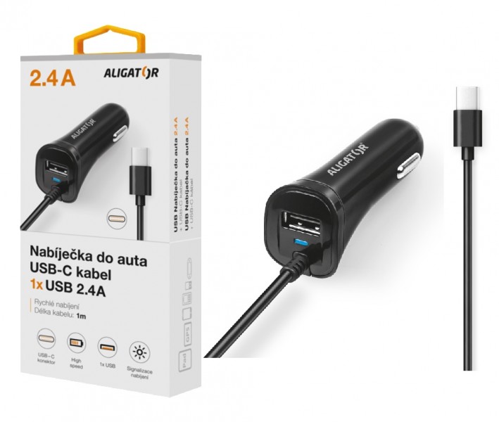 Nabíječka do auta ALIGATOR USB-C s USB výstupem, 2.4A, Turbo charge, černá