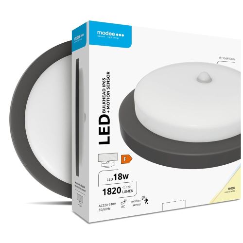 Modee svítidlo přisazené s PIR čidlem D195mm 18W 4000K IP65 ML-BH4000K18WRS-B černé