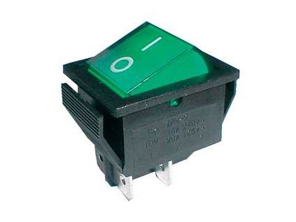 Přepínač kolébkový 2pol./4pin ON-OFF 250V/15A prosvětlený zelený 02620028 (1)