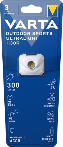 Čelová svítilna VARTA 18631 bílá, OUTDOOR SPORTS Ultralight, LED3W nabíjecísv.VARTA čel.