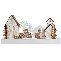 Solight LED vánoční vesnička, 34x17cm, dřevo, 4 LED, 2x AA - 1V256