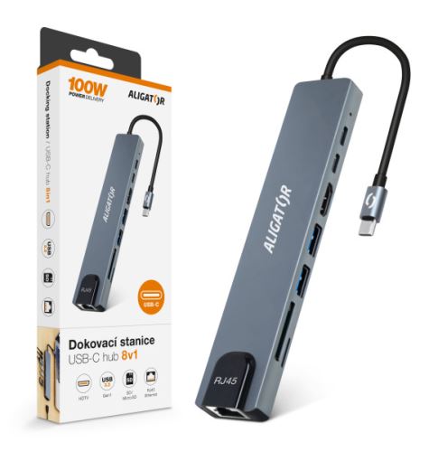 Aligator Dokovací stanice USB-C / Hub 8v1 (USB-C / 2xUSB / SD / MicroSD/ HDTV / RJ45) AH