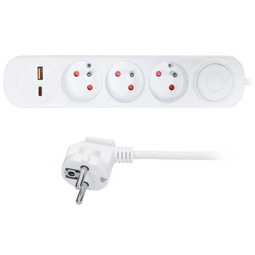 Solight prodlužovací přívod 3 zásuvky, USB A+C 20W PD, 2m, 3 x 1mm2, bílý, vypínač - PP1