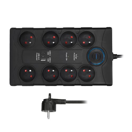 Solight přepěťová ochrana, 8z, USB A+CA, 2m, černá - PO80B_1