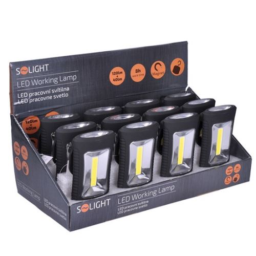 Solight LED svítilna pracovní, 3W COB + 3 SMD LED, hák + magnet, 3 x AAA - WL108sv. plas